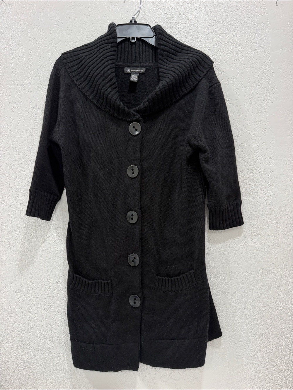 Black Shawl Collar INC International Button-Front Women’s Angora/Silk Sweater Md